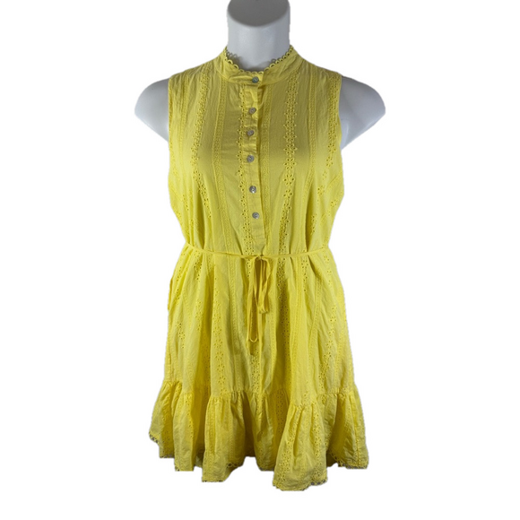 DRAPER JAMES Yellow Cotton Eyelet Button Front Sleeveless Mini Dress SKU0148 - Picture 3 of 10